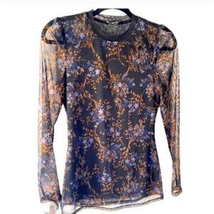 RW & Co. Mesh Flower Print dark blue longsleeve top